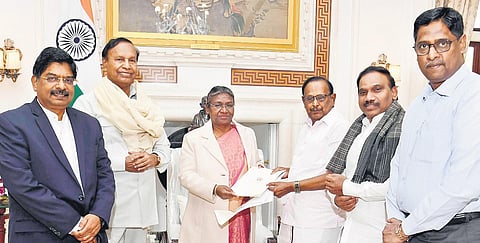 DMK parliamentary members’ team led by law minister S Regupathi hands over CM’s letter to President Droupadi Murmu in New Delhi on Thursday  | Express