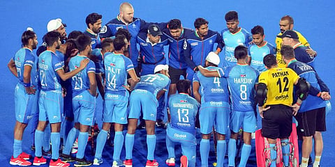 Indian Hockey players after victory against Spain during FIH Odisha Hockey Men's World Cup 2023. (Photo | PTI)