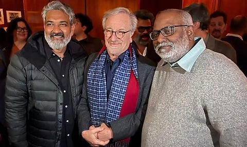 From left Indian filmmaker SS Rajamouli,  Hollywood filmmaker Steven Spielberg