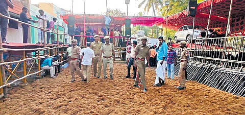 Final preparation works being carried out for jallikattu at Avaniyapuram in Madurai on Saturday. 