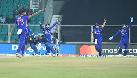 Indian players celebrate the run out of Sri Lanka's Chamika Karunaratne during the third ODI cricket match in Thiruvananthapuram on Sunday. (Photo | BP Deepu, EPS)