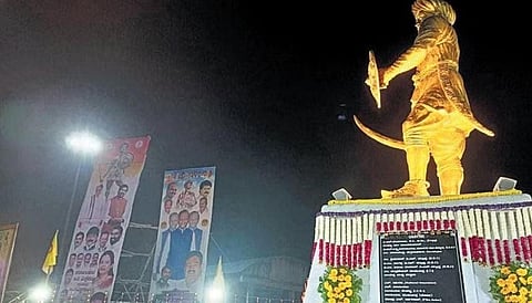 Posters of political parties around Sangolli Rayanna statue despite Karnataka High Court order, banning banners, posters, and cutouts across the city | Express