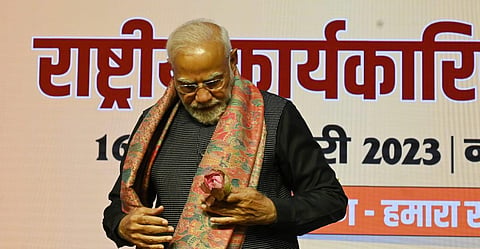 Prime Minister Narendra Modi during the BJP National Executive meeting at NDMC Center  in New Delhi, on Monday.  (Photo | Shekhar Yadav, EPS)