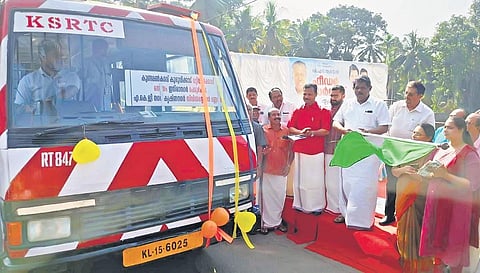 Transport Minister Antony Raju flags off the first feeder service at Manikandeswaram in Peroorkada on Monday. Vattiyoorkavu MLA V K Prasanth and KSRTC CMD Biju Prabhakar are also seen