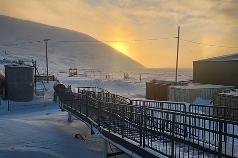 A walkway leading into a school in Alaska, where a 24-year-old woman and her 1-year-old son were killed in an encounter with a polar bear on Jan 17, 2023, is seen in this photo. (Photo | AP)