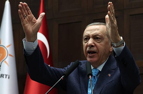 Turkish President and leader of the Justice and Development Party (AKP) Recep Tayyip Erdogan speaks during a group meeting at the Turkish Grand National Assembly in Ankara. (Photo | PTI)