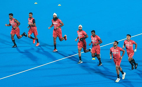 Indian hockey players during a practice session at the Kalinga Hockey Stadium in Bhubaneswar, Wednesday, Jan. 18, 2023. (Photo | PTI)