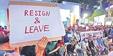 Students of KR Narayanan National Institute of Visual Science and Arts protest against the director of the institute in Thiruvananthapuram | B P Deepu
