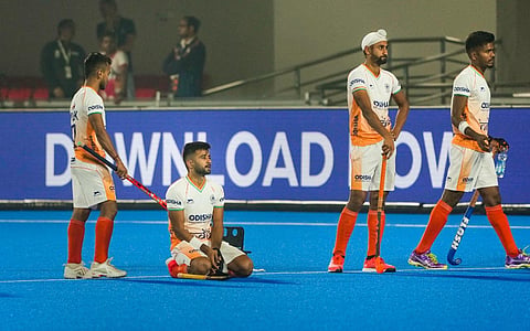 Indian players react after losing against New Zealand, in the 2023 Men's FIH Hockey World Cup match, in Bhubaneswar, Sunday, Jan. 22, 2023. (Photo | PTI)