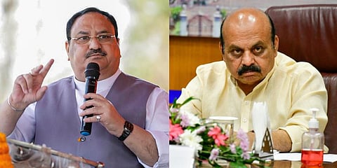 A collage of BJP President JP Nadda (L) and Karnataka CM Basavaraj Bommai. (File Photo | PTI)
