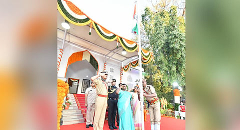 The flag hoist ceremony at Raj Bhavan, Hyderabad on Republic Day. (Photo | Dr Tamilisai Soundararajan Twitter)