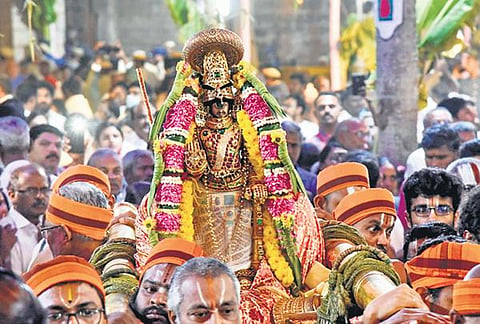 Devotees worship Lord ‘Namperumal’ after crossing Paramapada Vaasal during Vaikunta Ekadasi celebration at the Sri Ranganathaswamy Temple in Srirangam on Monday | m k ashok kumar