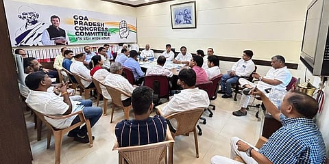 Members of the Goa Pradesh Congress hold a discussion on the Mahadayi project issue at a party meeting in Panaji on Monday. (Photo | Express)
