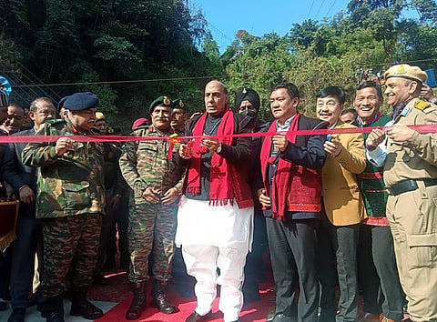 Defence Minister Rajnath Singh dedicated 28 infrastructure projects of the Border Roads Organisation (BRO) to the nation during an event in Arunachal's Siang. (Photo | ANI)