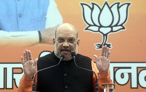 Union Home Minister and senior BJP leader Amit Shah speaks to media representatives at his residence in New Delhi. (File Photo | Parveen Negi, EPS)
