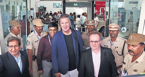 Delegates of G20 summit arrive at Pudhucherry Airport on Sunday. Elaborate security arrangements have been put in place across the city  | Express