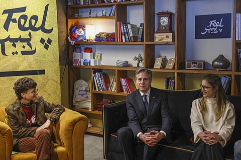 US Secretary of State Antony Blinken, center, meets with Israeli emerging leaders at 'Feel Beit', an Israeli-Palestinian art and culture collective in Jerusalem. (Photo | AP)