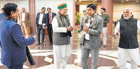 Pralhad Joshi, Arjun Ram Meghwal and TRS leaders Nama Nageshwar Rao and  K Keshava Rao before an all-party meeting in New Delhi on Monday | PTI