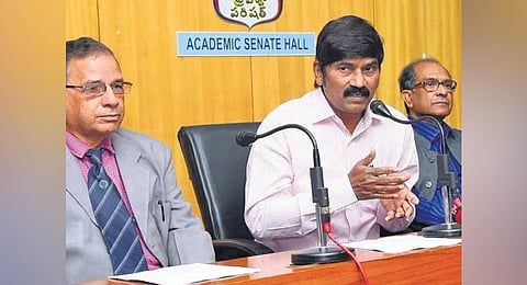 AU V-C PVGD Prasada Reddy speaking to mediapersons on Monday | G Satyanarayana