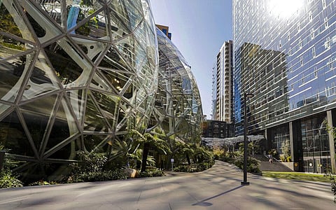 The light reflects off the glass facade of a building on the Amazon campus outside the company headquarter (File Photo | AP)