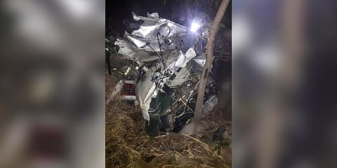 Wreckage of the trainee plane which crashed into the dome of a temple, in Rewa, early Friday. (Photo | PTI)