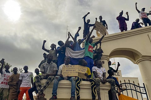 FILE-Supporters of Niger's ruling junta gather at the start of a protest called to fight for the country's freedom and push back against foreign interference in Niamey, Niger, Aug 3, '23. (Photo | AP)