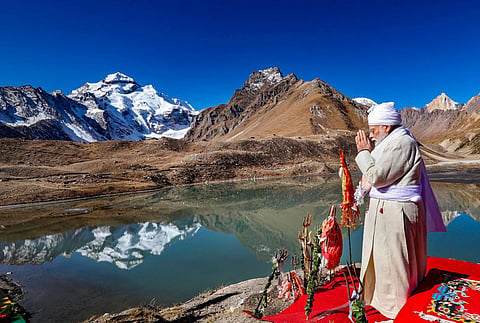 Prime Minister Narendra Modi at Parvati Kund, in Pithoragarh, Thursday, Oct. 12, 2023. (Photo | PTI)