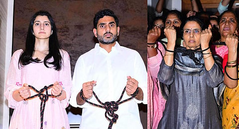 TDP general secretary Nara Lokesh and his wife Brahmani, and mother Bhuvaneswari take part in the Nyayaniki Sankellu protest against the arrest of former Chief Minister N Chandrababu Naidu. | Express