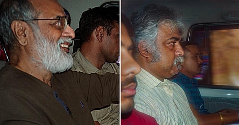NewsClick founder Prabir Purkayastha (L) and HR Head Amit Chakravarty being brought to the Lodhi Road Special Cell office, in New Delhi, on Oct. 3, 2023. (File Photo | PTI)