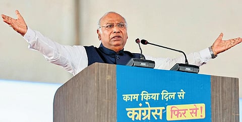 Congress president Mallikarjun Kharge during a election campaign in Baran  district of Rajasthan on Monday | express
