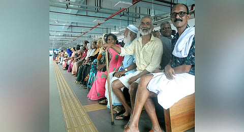 Senior citizens from Vazhoor panchayat in Kottayam district waiting in queue to board the Water Metro at High Court Junction terminal on Saturday. (Photo | Express)