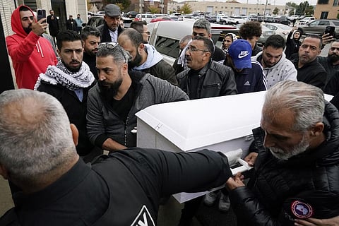 Chicago Hate Crime: Family members of 6-year-old Muslim boy Wadea Al Fayoume bring his casket into Mosque Foundation in Bridgeview, Illinois, Monday, Oct. 16, 2023. (Photo | AP)