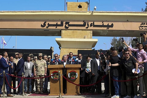 United Nations Secretary-General Antonio Guterres speaks at the Rafah border crossing, Egypt, Friday, Oct. 20, 2023. (Photo | AP)
