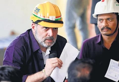 AICC leader Rahul Gandhi interacts with Singareni coal mine workers at Peddapalli as part of the Congress’ campaign on Thursday