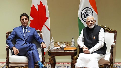 Canadian PM Justin Trudeau with Indian PM Narendra Modi at the G20 Summit in New Delhi in September 2023.