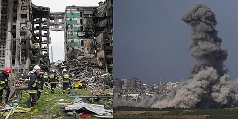 Collage of scene from  the Russia-Ukraine war and Israel-Hamas conflict.