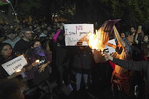Palestinian supporters protest outside the Israeli embassy in Mexico City, Friday, Oct 20, 2023. (Photo | AP)