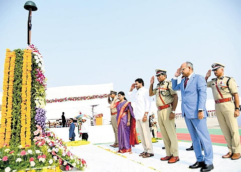 CM YS Jagan Mohan Reddy paying homage to the martyrs on the occasion of Police Commemoration Day at IGMC Stadium in Vijayawada on Saturday | Express