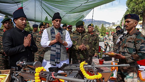 File: Defence Minister Rajnath Singh carrying out  Shastra Puja with the troops at Tawang, Arunachal Pradesh. 