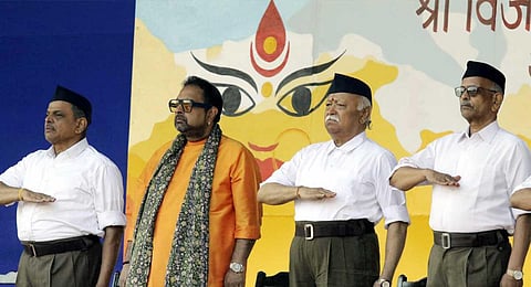 Rashtriya Swayamsevak Sangh (RSS) chief Mohan Bhagwat with singer Shankar Mahadevan and others during the RSS 'Vijayadashami Utsav', in Nagpur, Maharashtra, Tuesday, Oct. 24, 2023. (PTI)