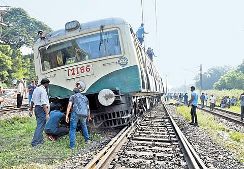 The suburban train that derailed near the Avadi station on Tuesday. (Photo | D Sampath Kumar)