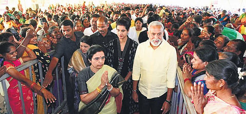 TDP chief N Chandrababu Naidu’s wife Nara Bhuvaneswari greeting people during the Nijam Gelavali public meet in Chandragiri constituency on Wednesday | Express