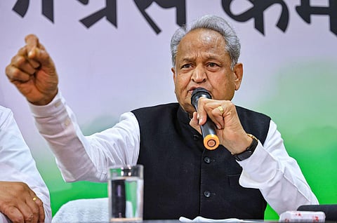 Rajasthan CM Ashok Gehlot addresses a press conference after the ED raid at Rajasthan Congress President Govind Singh Dotasra's residence, in Jaipur, Thursday, Oct. 26, 2023. (Photo | PTI)