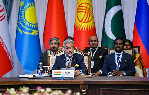 External Affairs Minister S Jaishankar addresses the 22nd session of the Council of Heads of Government of SCO, in Bishkek, Kyrgyzstan, Thursday, Oct. 26, 2023. (Photo | PTI)