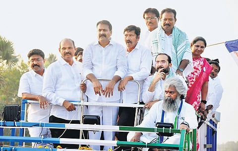 Ministers Audimulapu Suresh and Jogi Ramesh participate in the YSRC Samajika Sadhikara Bus Yatra in Tenali of Guntur district on Thursday I Express