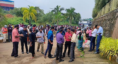 People gathered at Zamara International, a convention centre, in Kalamassery, Kerala, which witnessed serial blasts, on Sunday morning. (Photo |A Sanesh, EPS)