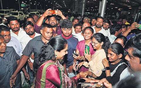 BRS MLC K Kavitha left for England on Sunday to address a seminar at the University of Oxford on the achievements of Telangana.