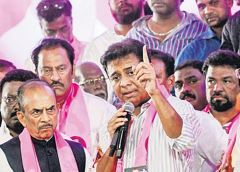 BRS working president KT Rama Rao addresses a meeting of minorities  at Jalavihar in Hyderabad on Monday | Vinay Madapu