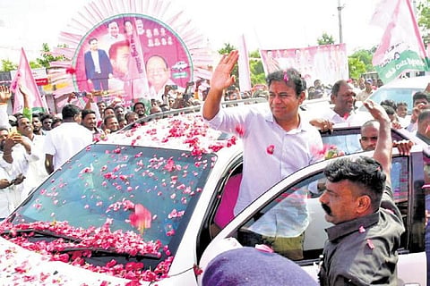 BRS working president KT Rama Rao gets a rousing welcome in Jagtial on Tuesday