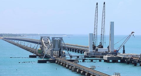 View of the new railway bridge at Pamban area in Ramanathapuram.(Photo | Express)